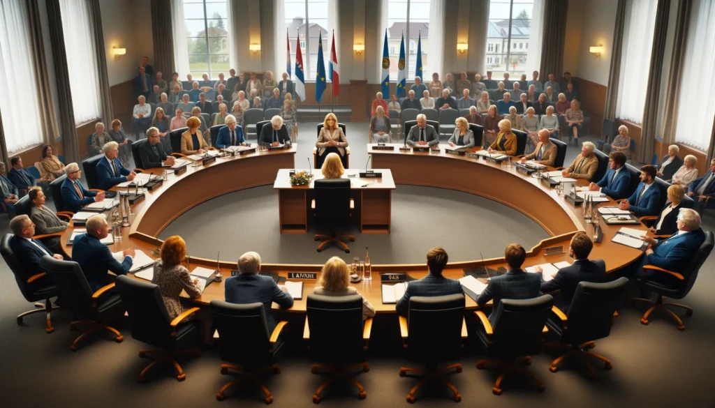 DALL·E 2024-01-16 17.53.36 – A council meeting in a town hall, featuring 13 councilors seated at a U-shaped table. In the center, the mayor, a blonde woman, is presiding over the