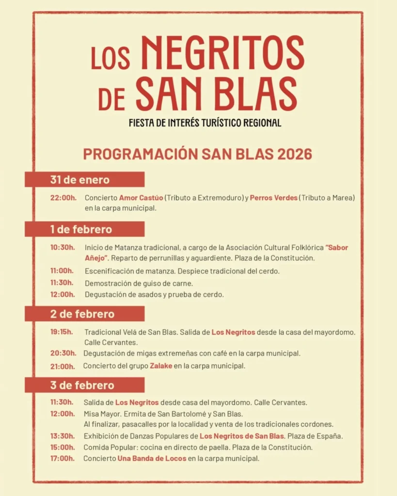 Los Negritos de San Blas 2026 en Montehermoso: programa completo y actos destacados