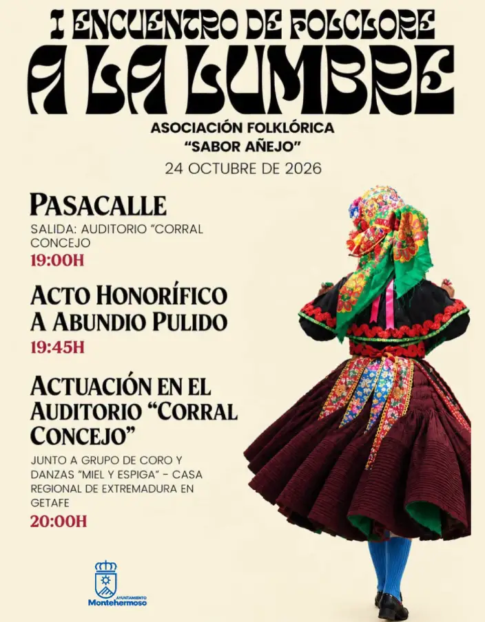 Cartel del I Encuentro de Folclore A la lumbre en Montehermoso, organizado por Sabor Añejo el 24 de octubre de 2026
